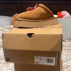 UGG Tan Suede Mules with Red Accent